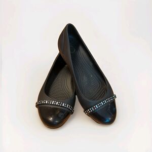 Crocs Cap Toe Ballet Flats Shoes Womens 6 Black Rhinestones Comfort Slip On